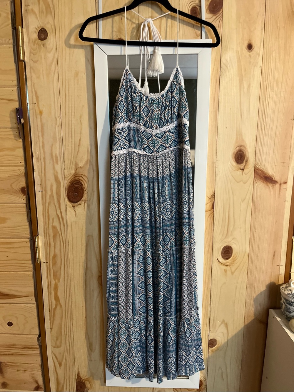 Olivaceous Blue White Midi Maxi Dress Adjustable Straps 100% Rayon